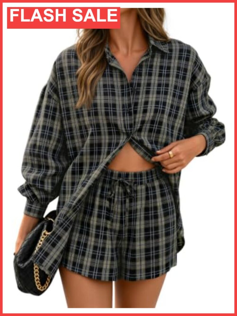 Women's 2 Piece Oversized Button Down Shirt and Shorts Set Casual Fall Outfit
